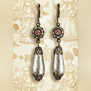 Victorian Rustic Antique Silver & Pink Flower Swarovski Crystal Brass Earrings